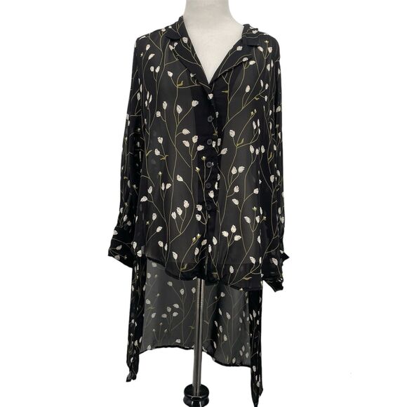MONDI Vintage Blouse Size 42 / Large Floral Button Down Black Sheer Long Sleeve - Picture 1 of 8